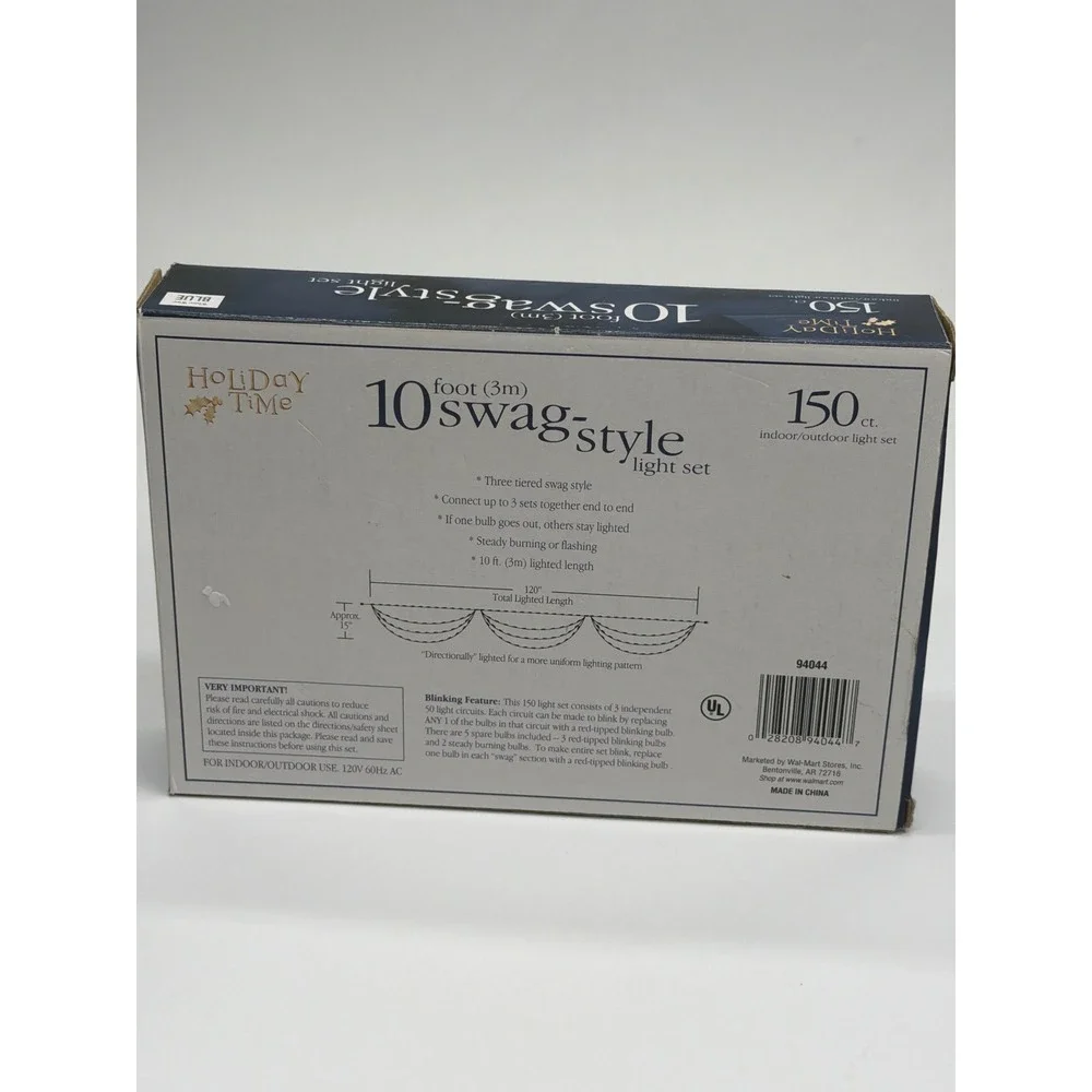 Holiday Time 150 Blue Swag Style Light Set White Wire 10ft Indoor Outdoor 94044‎